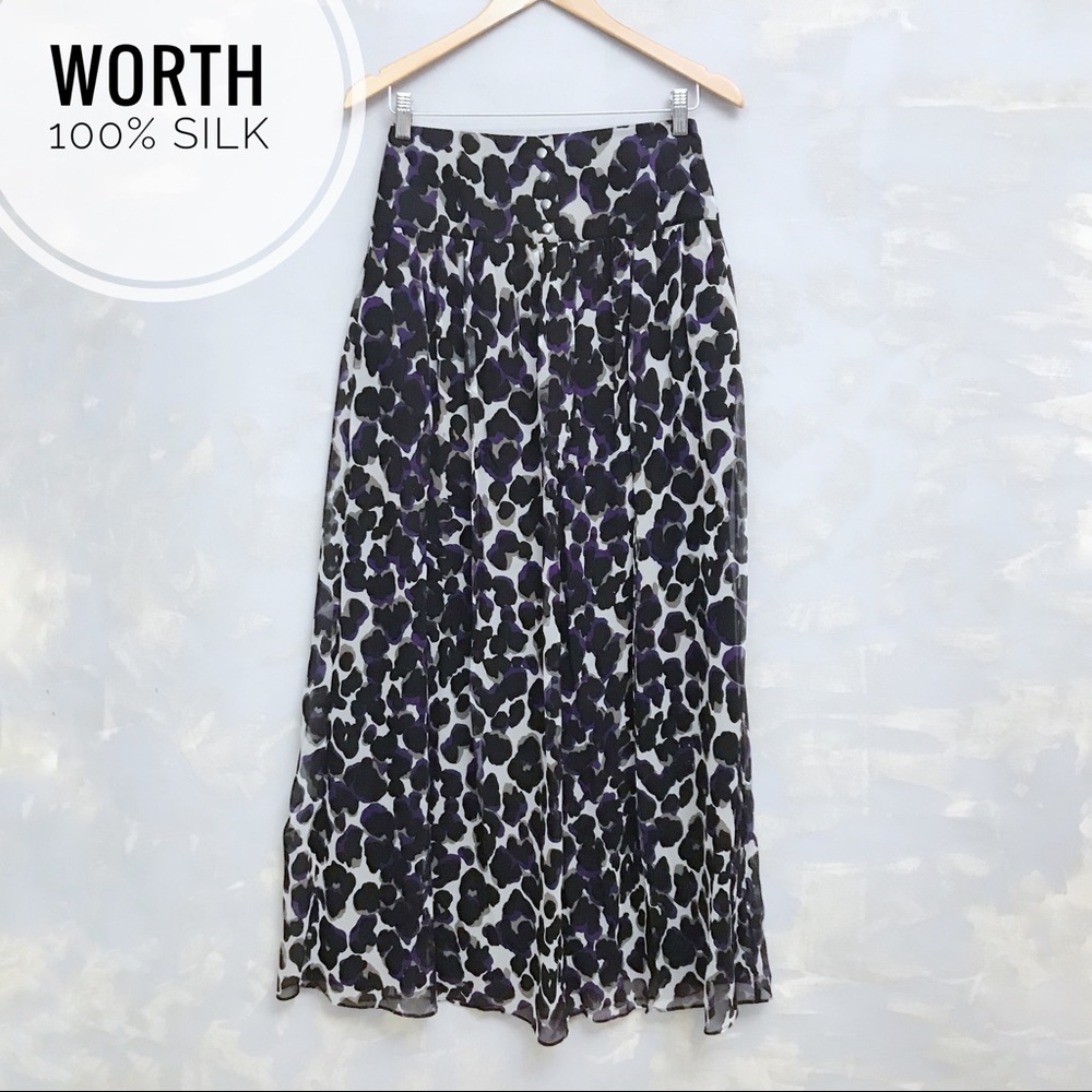 WORTH Leopard Print Silk Maxi Skirt Slit Front Leg